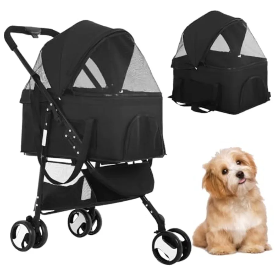 

3-in-1 Dog Cat Stroller for Medium Small Dogs Cats: Black, Steel Frame, Folding Portable Design, Detachable Carrier, 3-Wheel Jo