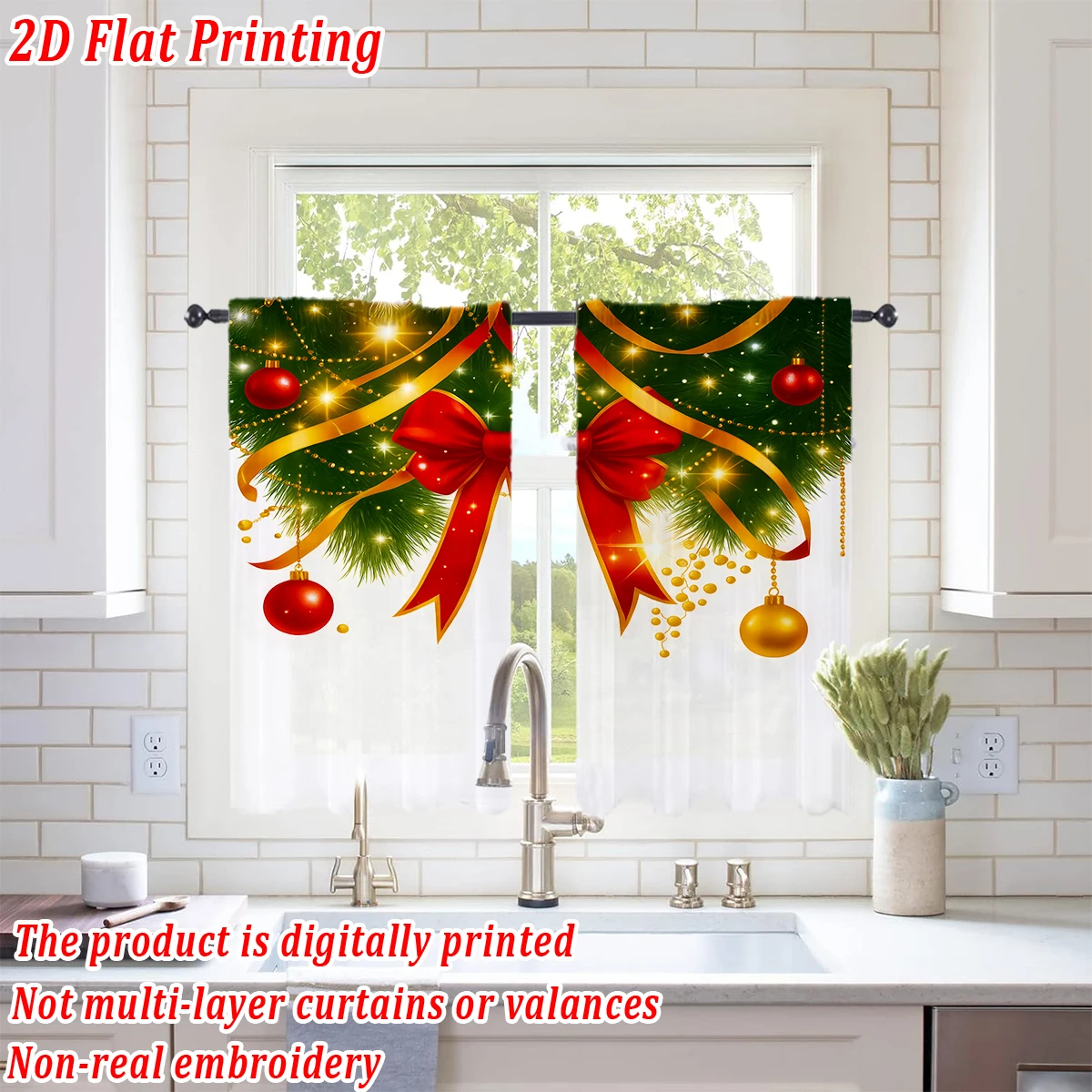Christmas Flat Printing Kitchen Sheer Curtain with Merry Christmas Ball Bow Pine Branch For Christmas Home Decor  Party