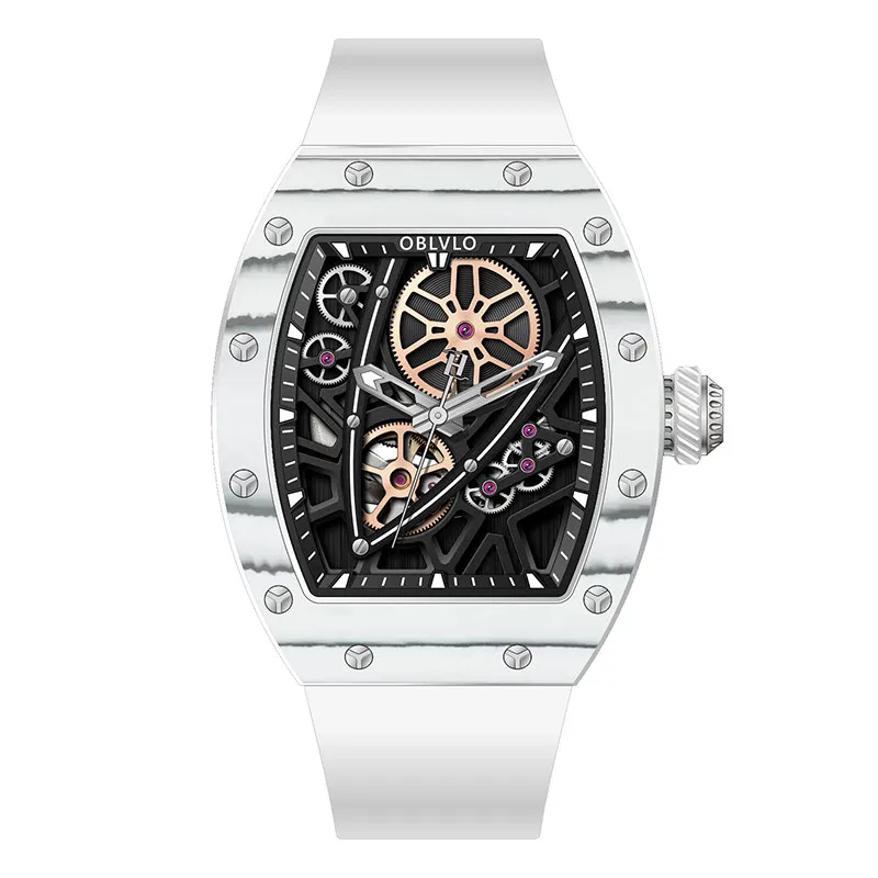 OBLVLO Men Automatic Watch 43mm Tonneau Mechanical Wristwatch Luminous Skeleton Dial Sapphire Mirror