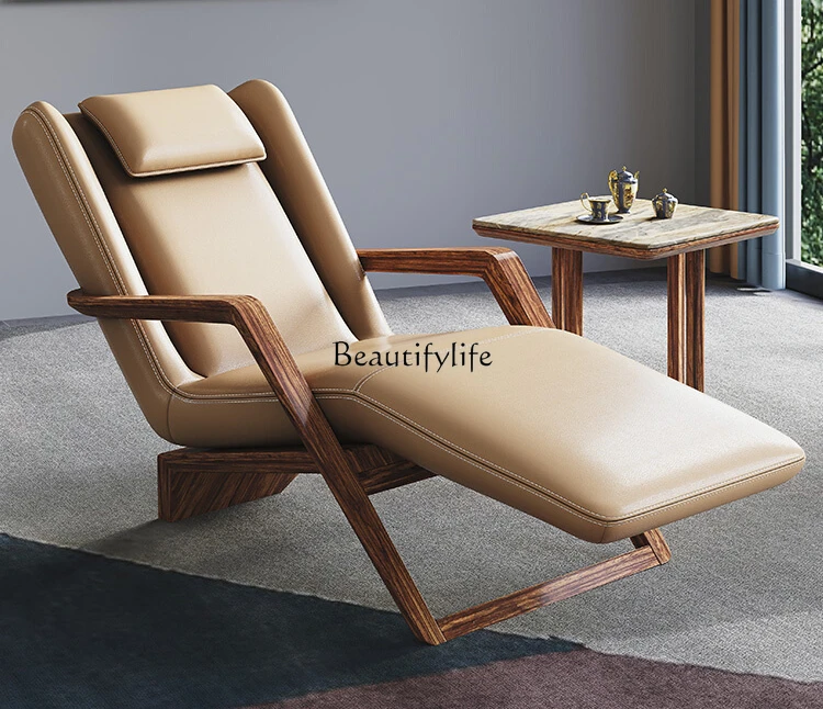 Modern New Chinese Style Ugyen Wood Leather Recliner Villa Large Apartment Couch Solid Wood