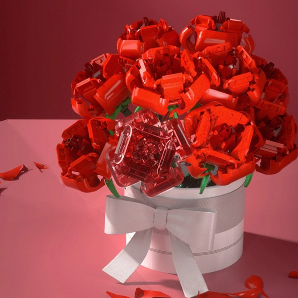 

MOC Everlasting Red Rose Wedding Bouquet Building Blocks Set Romantic Love Flower Potted Plant Toy Children Valentine's Day Gift
