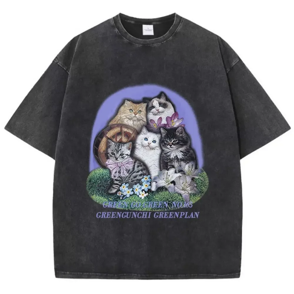 

Summer Womans Cotton Washed T-Shirts Five Different Breeds Of Cats Prints Short Sleeve O-Neck Soft Distressed Female Clothes