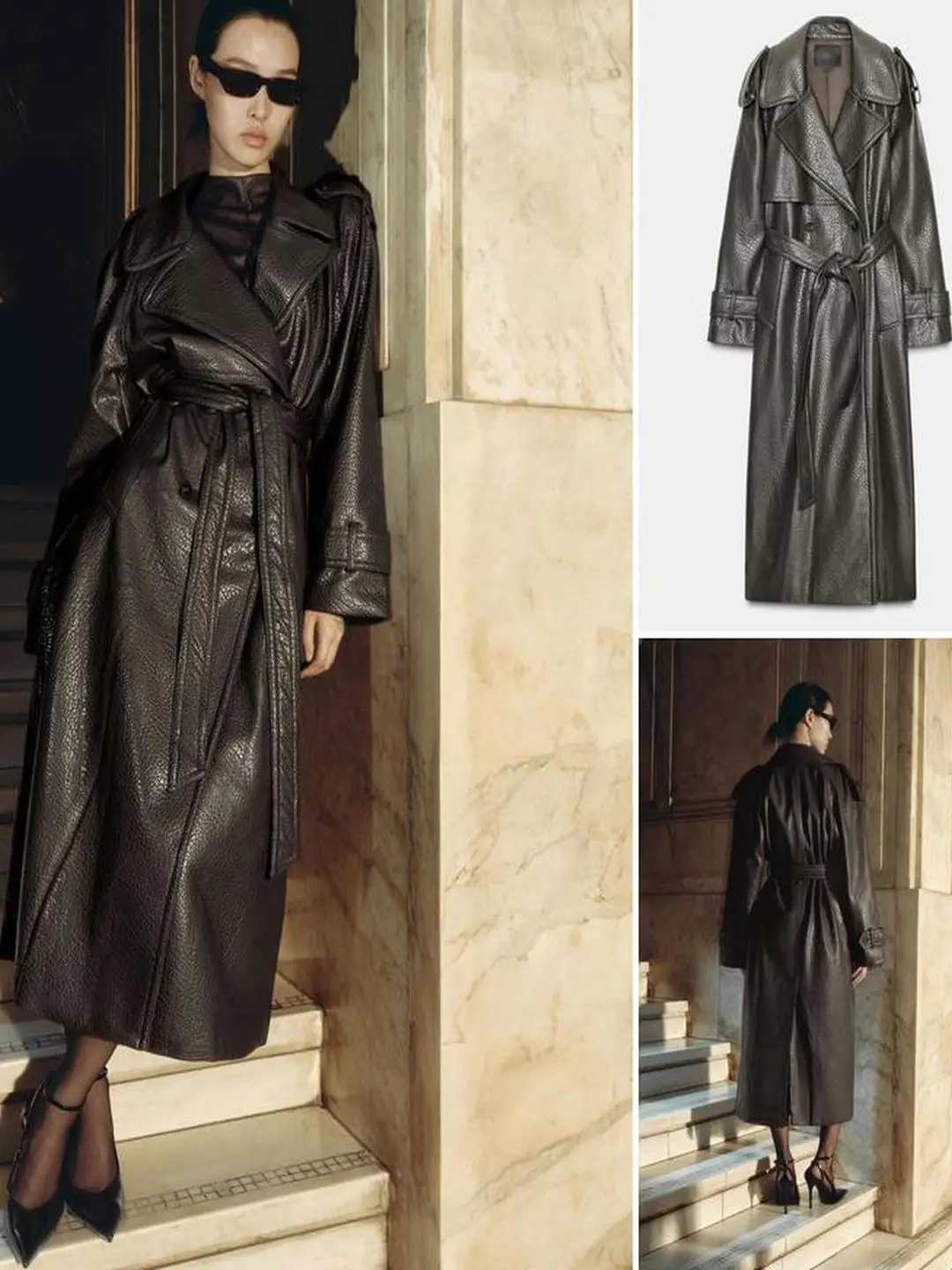 Autumn Faion Belt Decorative Double Flap Button Closure Faux Leather Effect Coat Outerwear Long Sle for Young Women