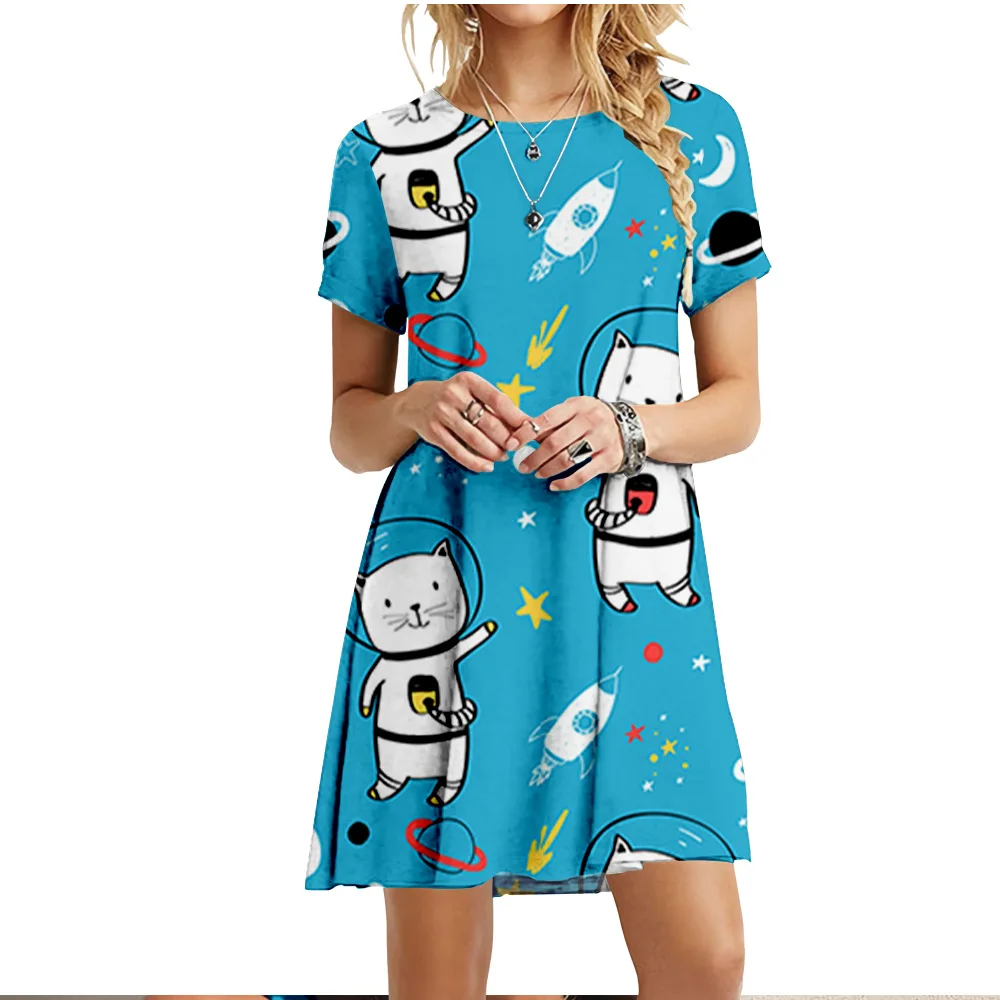 Cute Fashion Cartoon Cats Dresses For Women 2022 Short Sleeve Summer Loose Clothing Oversized Street Casual Pattern Print Dress