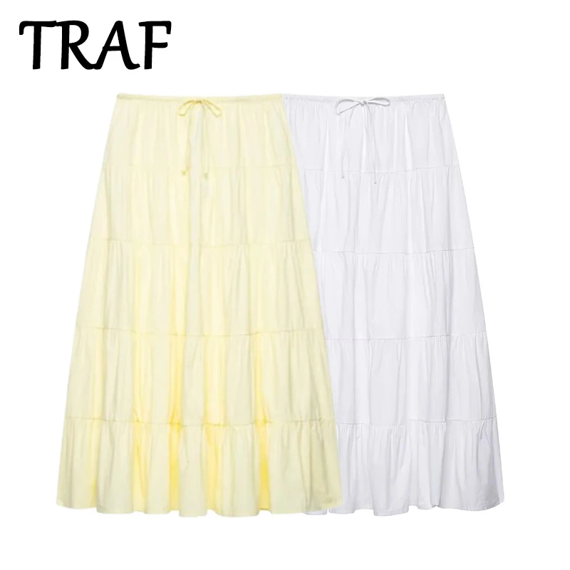 

TRAF 2025 Women Summer New Solid A-Line Midi Skirt Female Casual Pleated Tied Crease Effect Trendy Elastic Waist Skirts