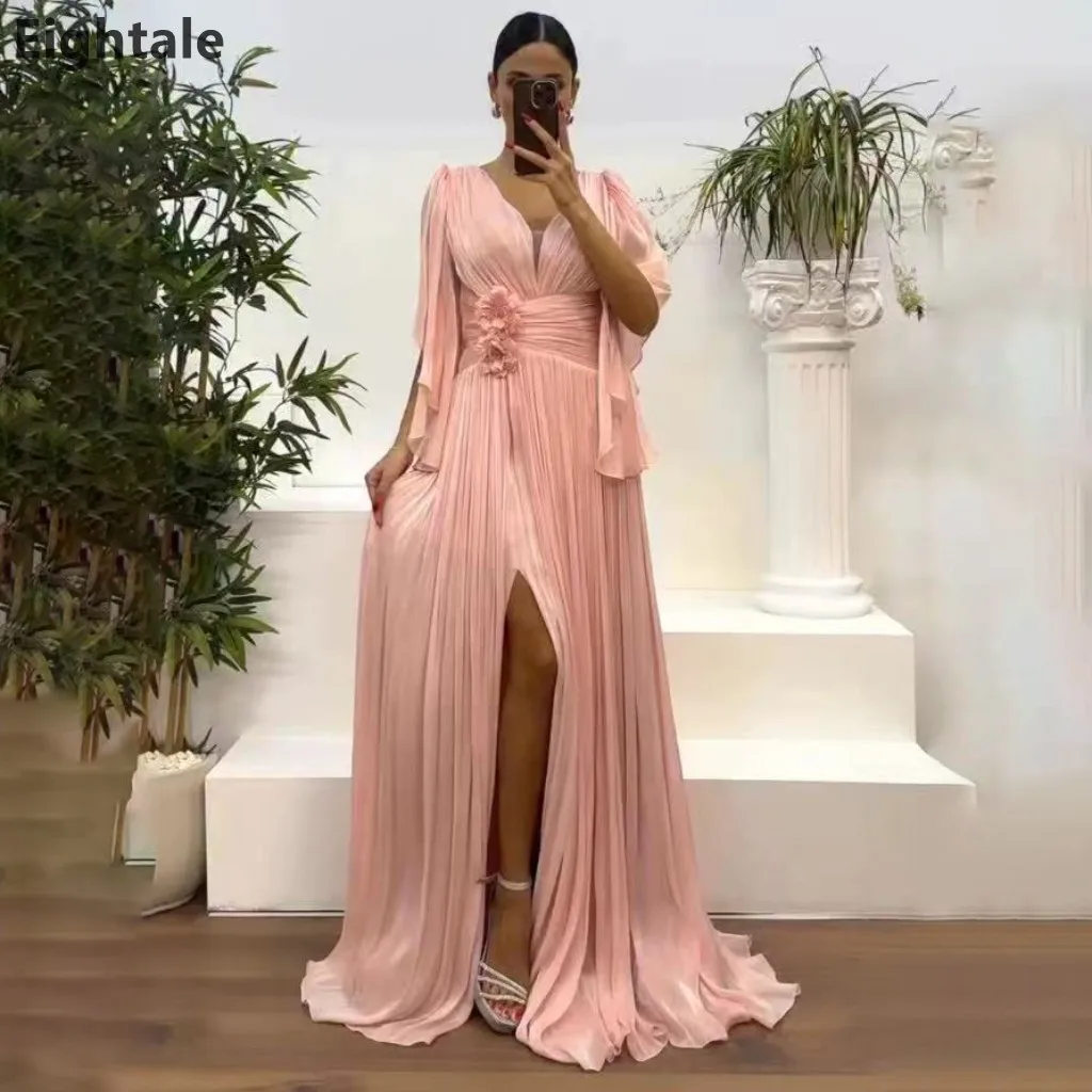 

Eightale 2025 Silk Chiffon Maxi Evening Dress With Flower Wedding Party Formal Prom Dress Dubai Party Gown Customized