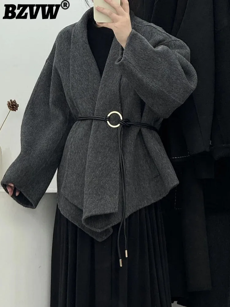 

BZVW French High-end Double-sided Cashmere Coat Women's V-neck Belt Gathered Waist Irregular Coats 2024 Winter New 25A9098