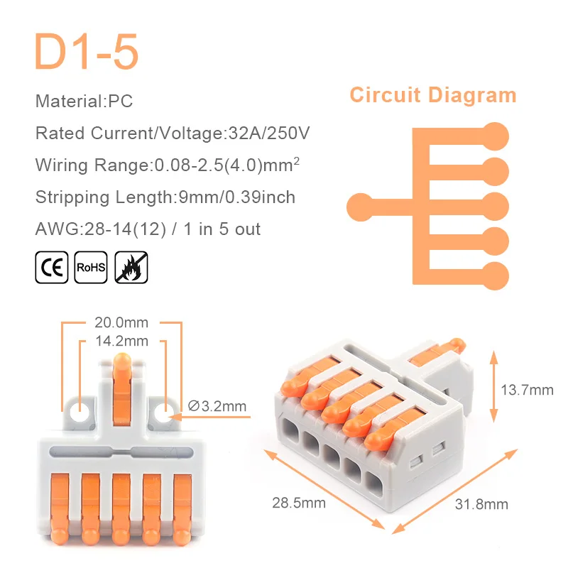 Mini connecteur de câble rapide 1 entrée Multiple avec trou de vis, 5/10 pièces, répartiteur à bout Compact, bornier d\'épissure