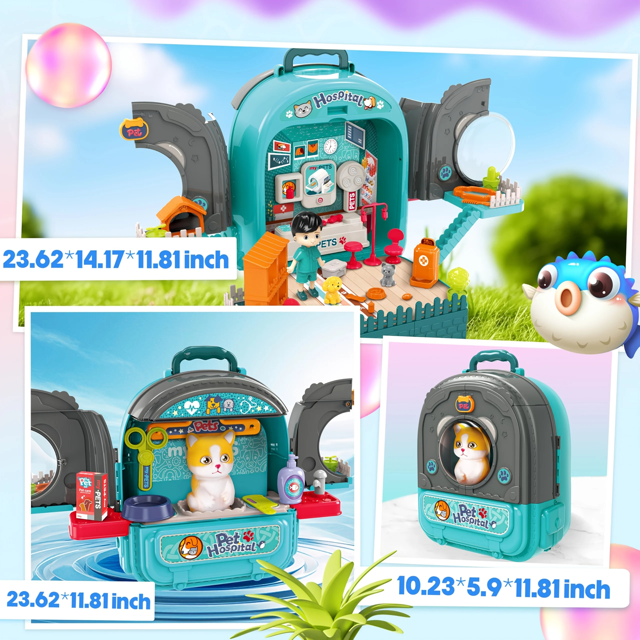 مجموعة لعب للعناية بالحيوانات الأليفة 3 في 1 - حقيبة ظهر بيطرية للتظاهر ومجفف الشعر والمستشفى (يتضمن الملحقات)، لعبة تفاعلية للأطفال