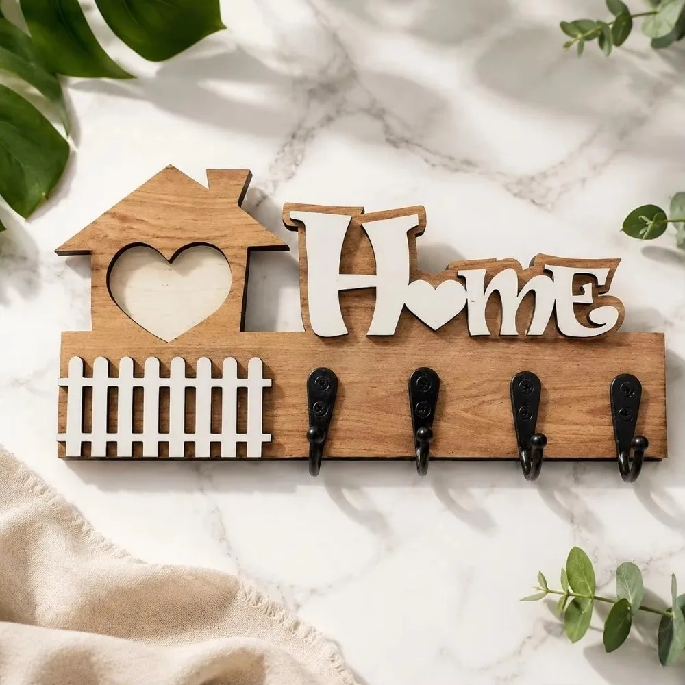 Multi-functional 4 Hooks Wooden Key Hook Rustic Vintage Wall-Mounted Key Holder Decorative Wall Hooks Apartment