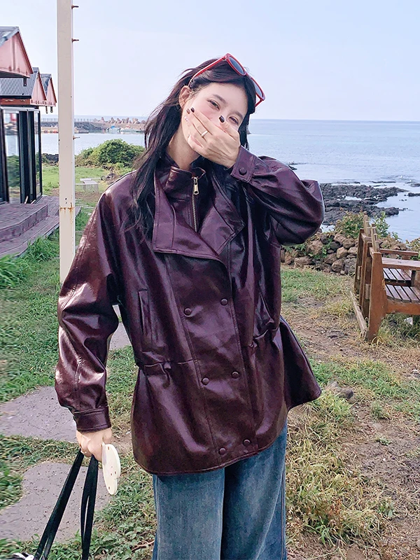 

Retro American Wine Red Stand Collar PU Leather Jaet Women's ort Sle Spring Autumn New Small Size Leather Coat