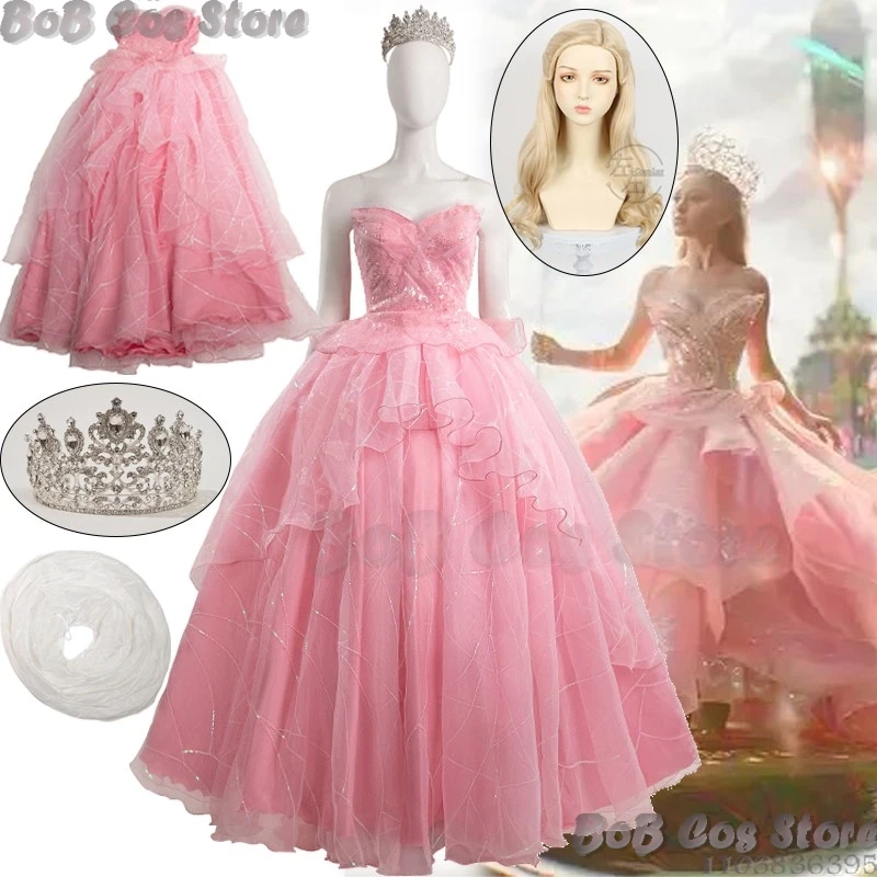 Glinda Wicked Cosplay Costume Prop Galinda Princess Blond Curly Wig Witch Pink Tulle Dress Crown Women Girl Holloween Customized