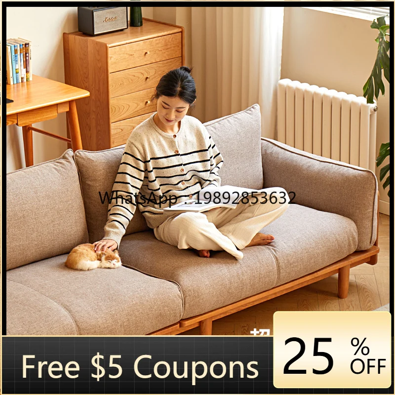YFY Solid Wood Sofa Living Room Simple Style Cherry Wood Three-Seater Sofa Vintage Style Straight Fabric Sofa
