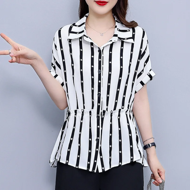 

Ladies Summer Fashion Trend Loose Striped Large Size Chiffon Polo-Neck Short Sleeve Shirts Women Clothes Casual All-match Tops