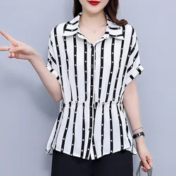 Ladies Summer Fashion Trend Loose Striped Large Size Chiffon Polo-Neck Short Sleeve Shirts Women Clothes Casual All-match Tops