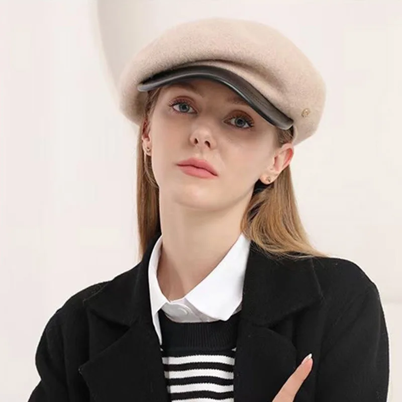 

Duck Tongue Cap Leather Brim Autumn Winter Hat women's Beret Literary Retro Leisure Warm Newsboy Caps Hot