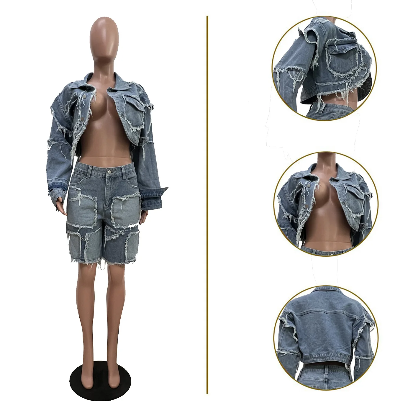 Shorts Pant Set Women Two Piece Sets Denim Turn Down Collar Matching Sets Tops Knee Length Pants High Waist Y2k Streetwear - Image 6