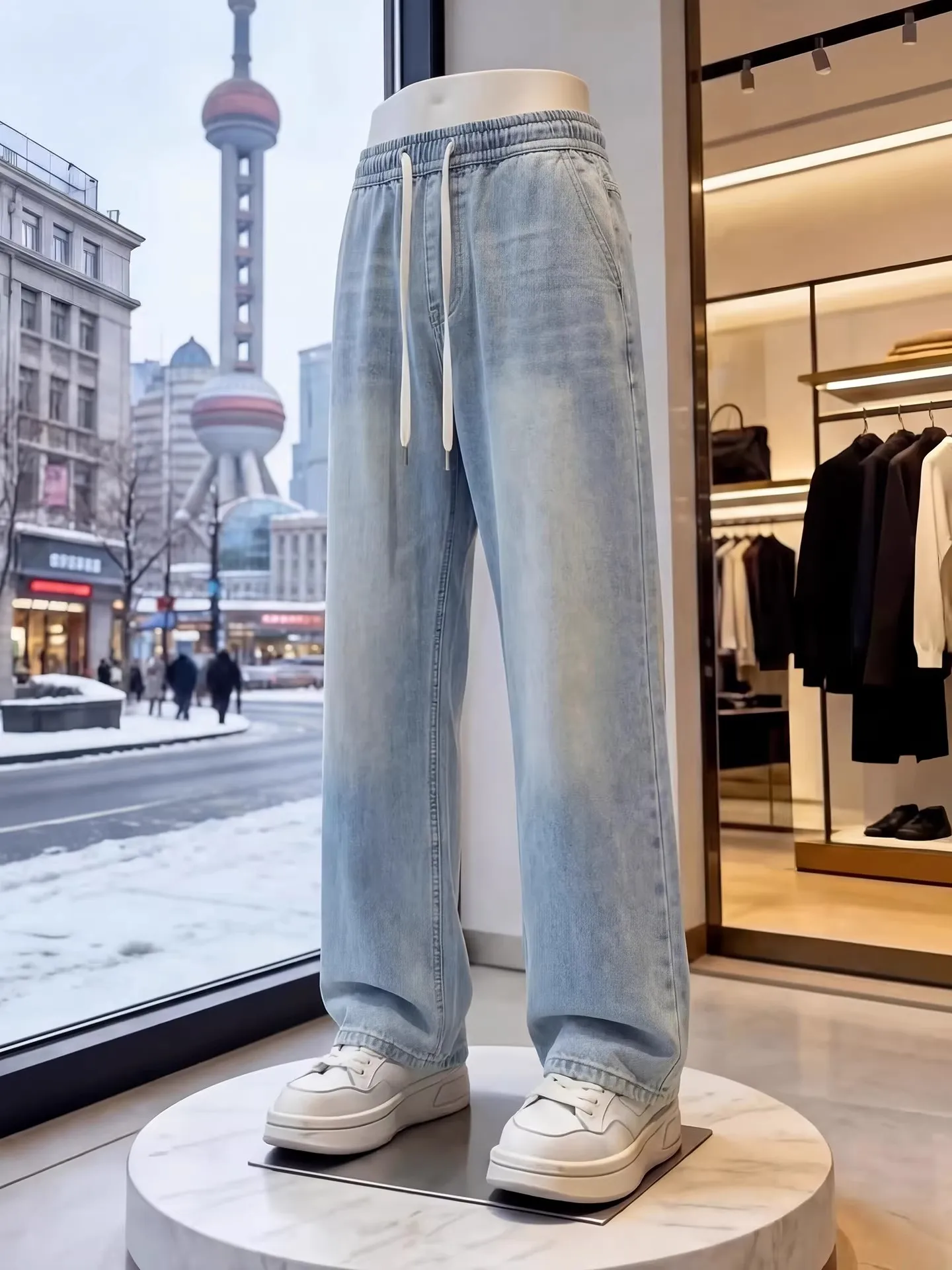 

Мужские джинсы Laisel: прямые, с высокой талией, из денима, с эффектом потертости, на эластичной резинке, в американском стиле, слегка расклешенные