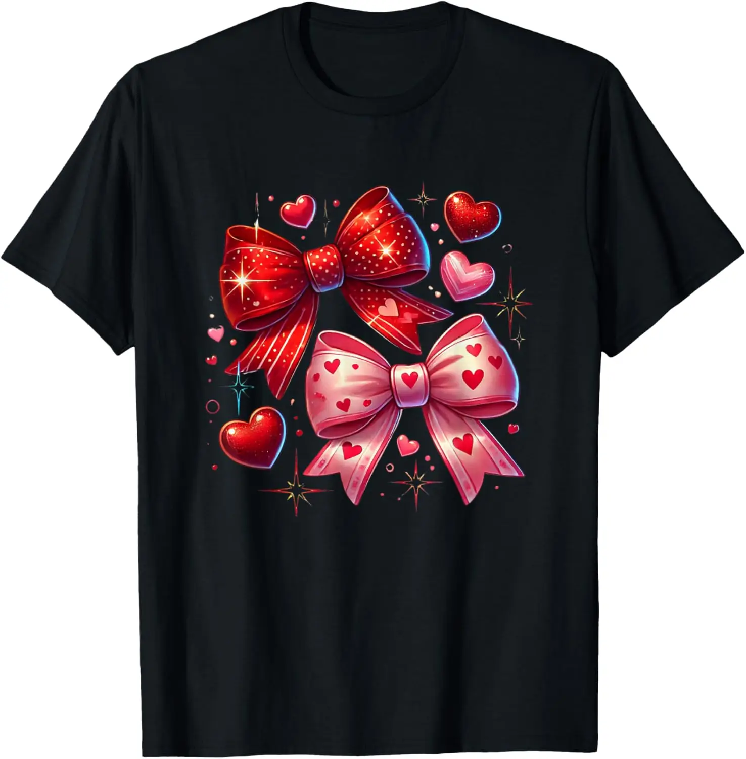 

Heart Bows and Sparkle Stars Romantic Valentine Graphic Tee Casual Cotton Short Sleeve T-Shirt