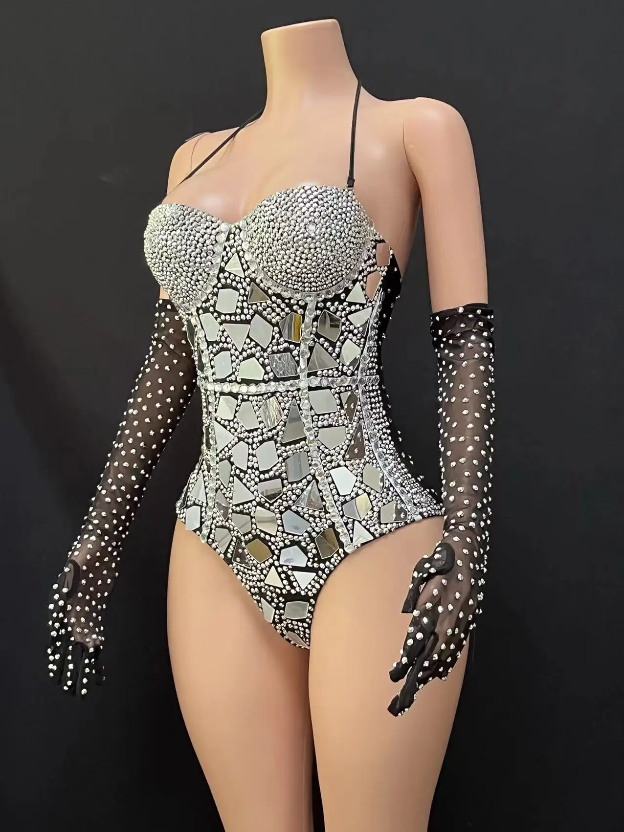 Show Girl Outfit   Black lens one-piece bar dance show technology Popping super flash party evening dress