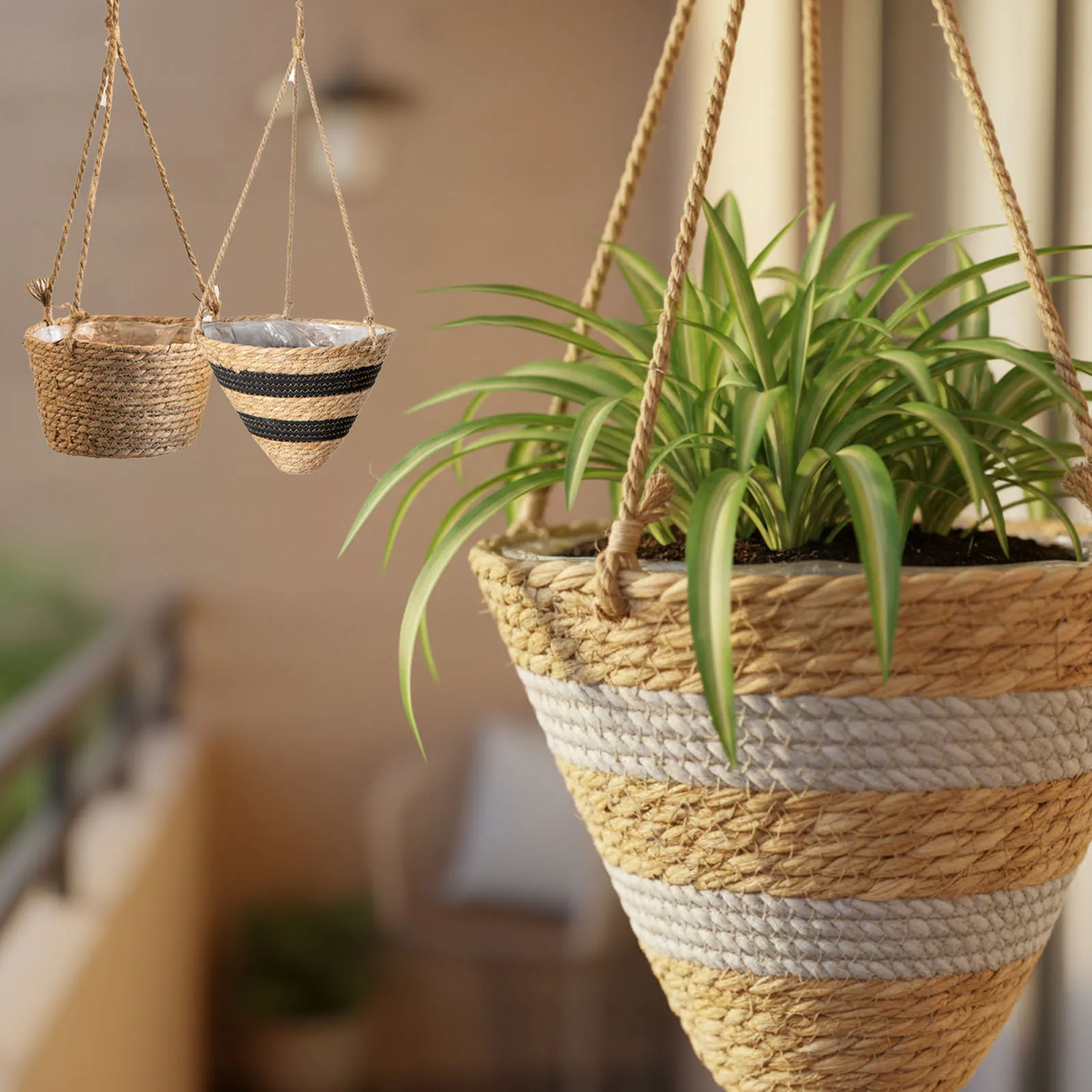 سلال معلقة من القش، سلال زهور منسوجة بحبل القنب، سلال الروطان المنسوجة، سلة زراعة معلقة، نباتات الأوركيد المعلقة #1
