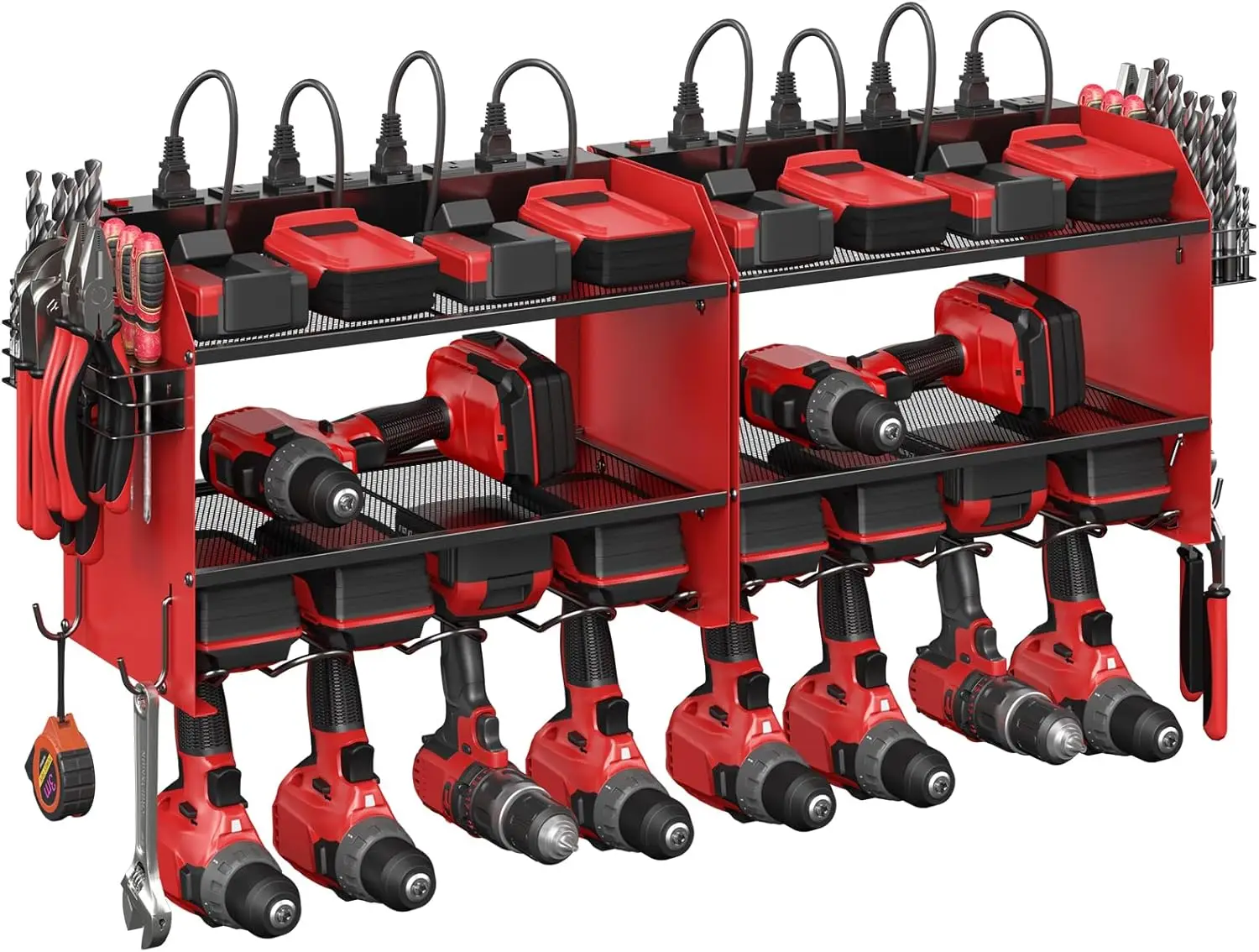 

Set Power Tool Organizer Wall Mount With Charging Station. Garage 8 Drills Storage Shelf With Hooks, Screwdriver, Drill Bit