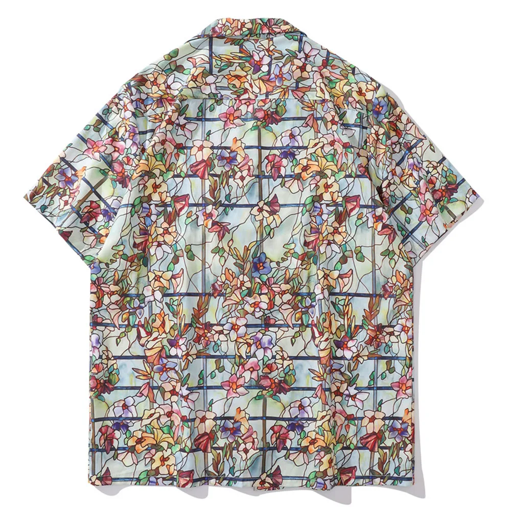 Floral Full Print Button Down Collar Men's Shirt Short Sleeve Summer Thin Material Beach Shirts Man