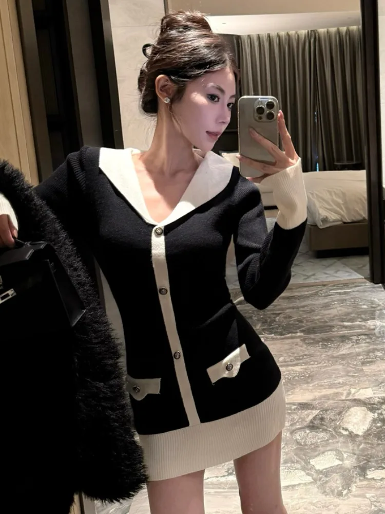

Sweet Style Knitted Navy Collar Short Dress Women's Autumn Winter Sexy Bodycon Dress Underwear Sweater Dress Casual Slim Fit