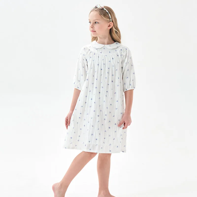 kids girls summer floral print white cotton flare dress 3 to 16 years child teen girl fashion 3/4 sleeve cotton lining dresses