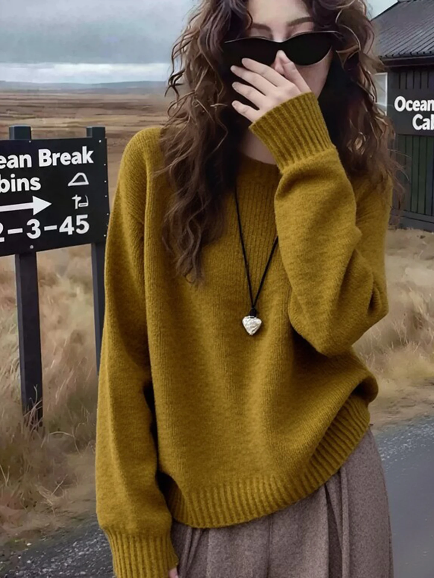 レトロ韓国風ニットセーター カラーシンプル ゆったり カジュアル 着痩せ ロングスリーブ レディース 冬ファション アウター