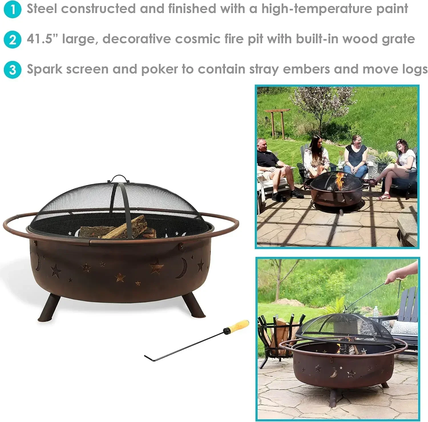 

[Best Seller, Buy Now!]Cosmic 42-Inch Wood-Burning Steel Fire Pit with Round Spark Screen, Poker, and Built-in Grate - Rust Pati