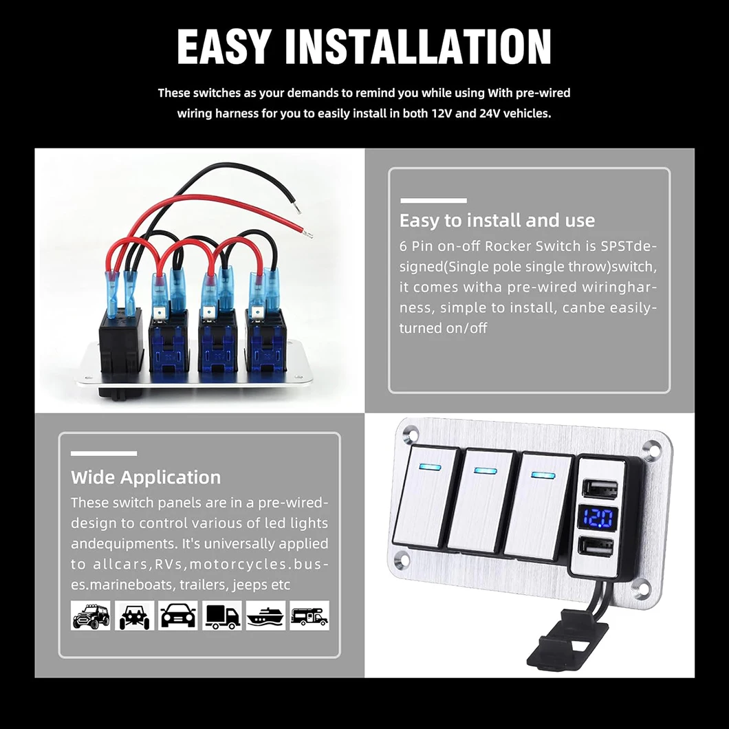 4 عصابة الألومنيوم لوحة التبديل الروك مع 4.8 أمبير شاحن USB مزدوج تيار مستمر الروك التبديل للسيارات قوارب RVs الفضة