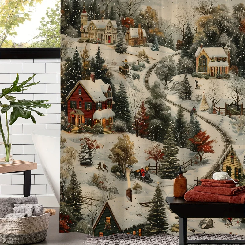 Water-Resistant Polyester Christmas Shower Curtain with Artistic Snowy Village Print, Machine Washable with 12 Hooks Included -