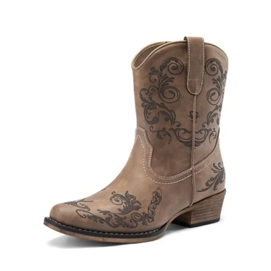 

Women's Cowboy Cowgirl Western Ankle Boots Low Chunky Heels Square Toe Fall Short Booties Shoes