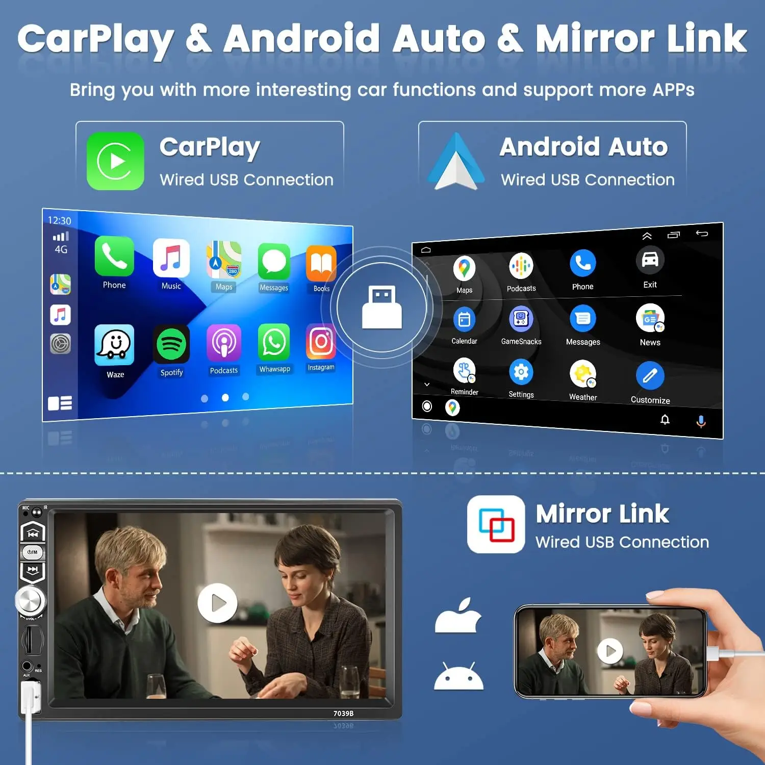 Radio à écran tactile CarPlay Android Auto simple Din de 7 pouces avec Bluetooth 5.1, FM, USB, AUX, TF, SD, SWC, EQ, rétro-éclairage, télécommande, P