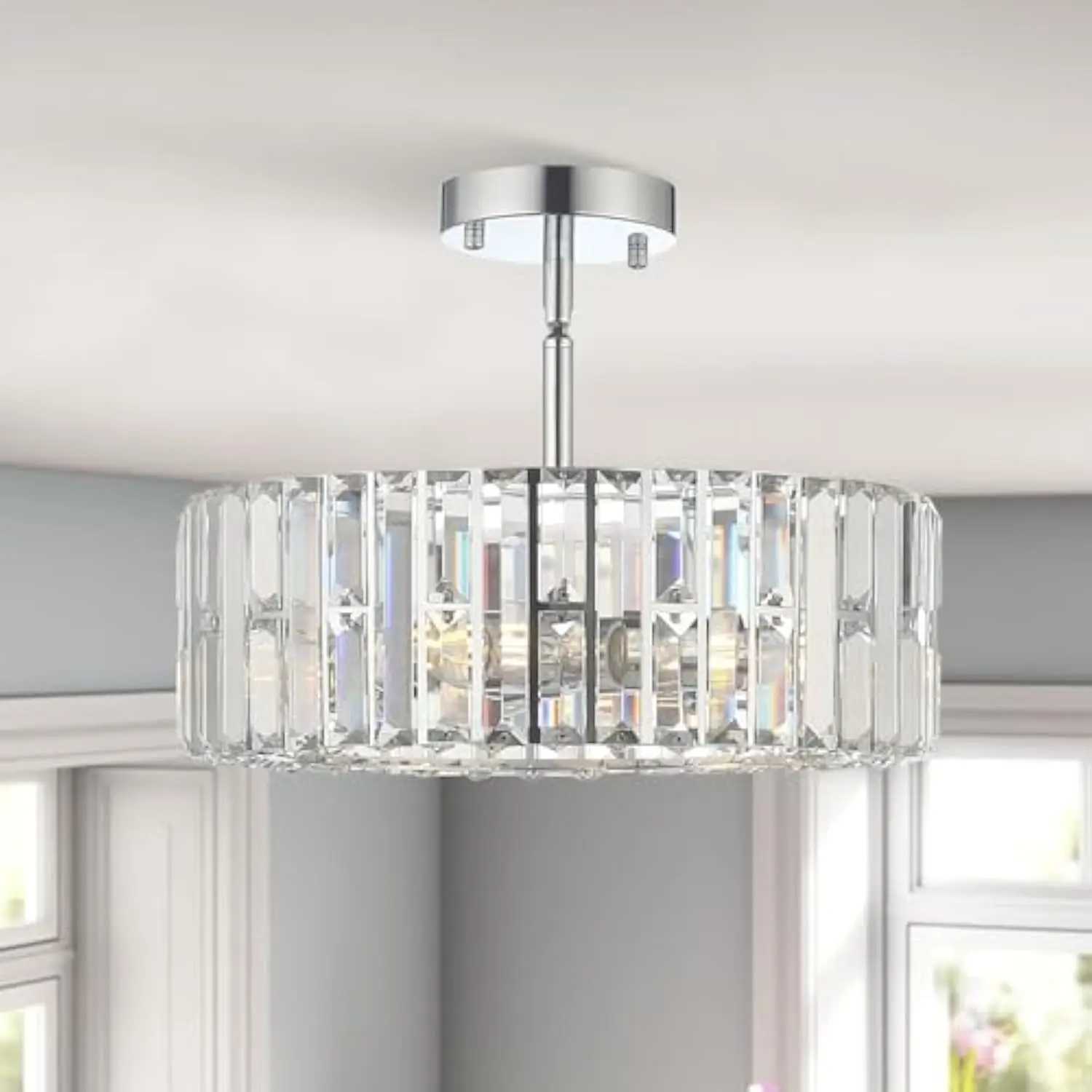 

Modern Crystal Chandelier 4 Lights, Chrome Semi Flush Mount Ceiling Light Fixture Silver Chandeliers Ceiling Light for Dinning