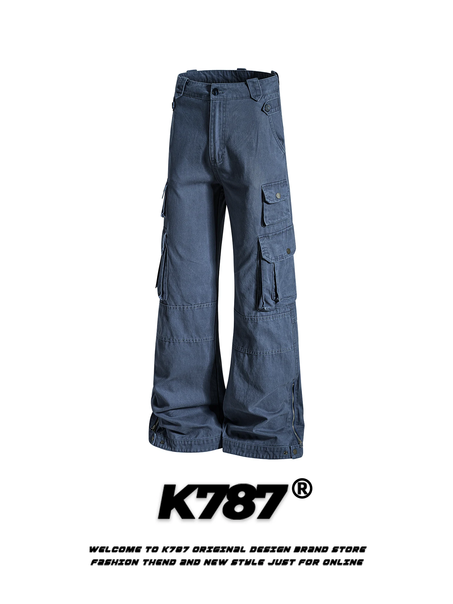 

K787 American Retro Work Pants Multiple kets High Waist Loose Men's Women's Casual Street Sle Bell Bot Long Trousers