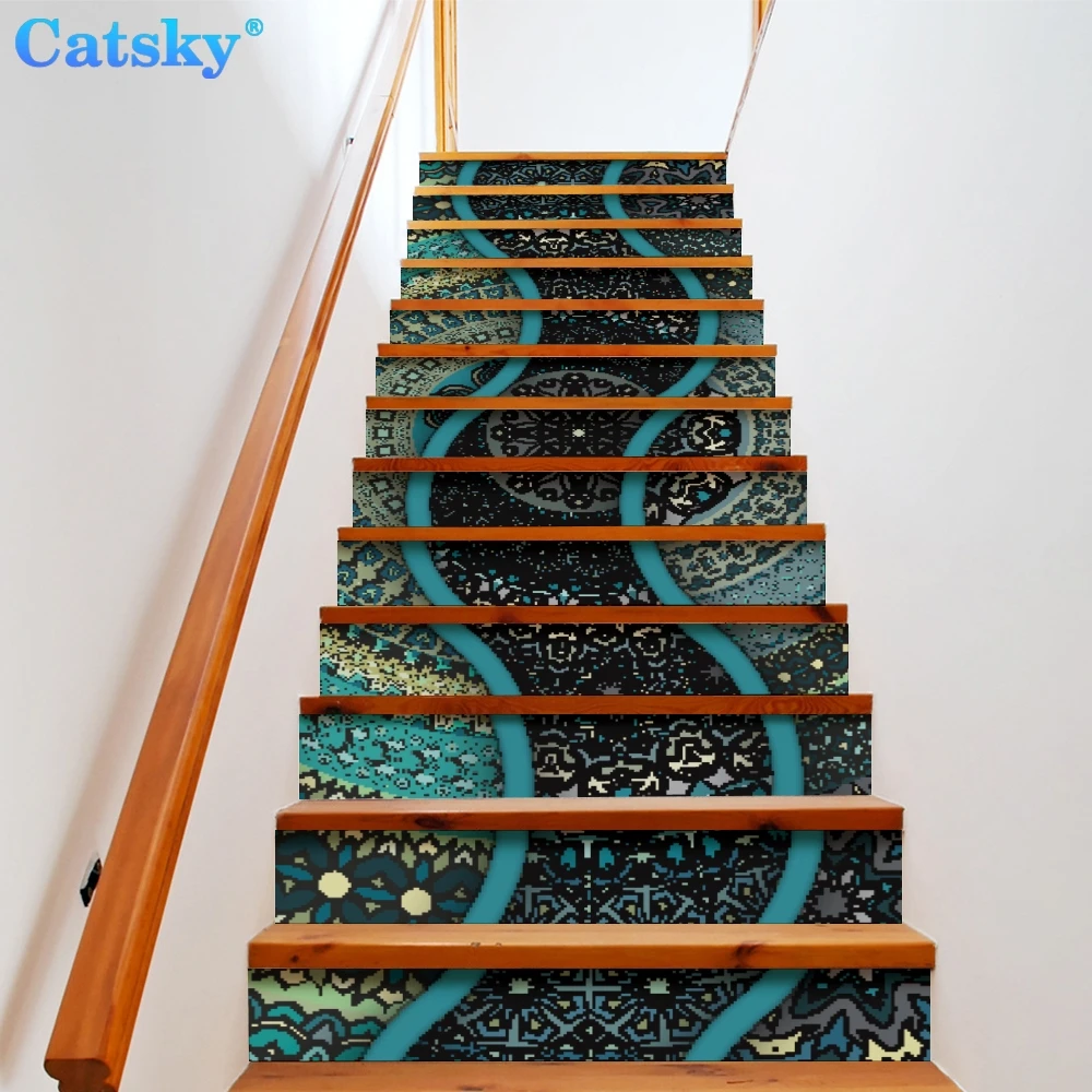 Ethnic Style Printstyle,Mandala,6pcs 13pcs/Set Stair Floor Stickers Waterproof Removable Self Adhesive Diy Stairway Decals