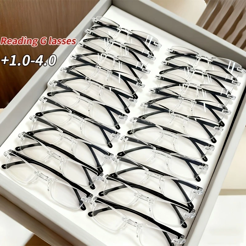 

20 шт. модных легких очков для чтения, очки от пресбиопии, очки с защитой от синего света, безрамные очки для чтения высокой четкости