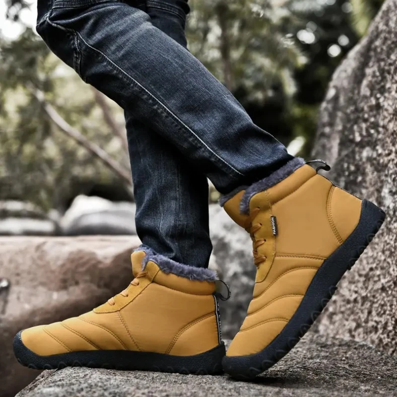 Men Lined Winter Snow Boots Lace Up Waterproof Upper Wide Toe Non Slip Rubber Sole Warm Outdoor Cold Weather Casual Ankle Shoes