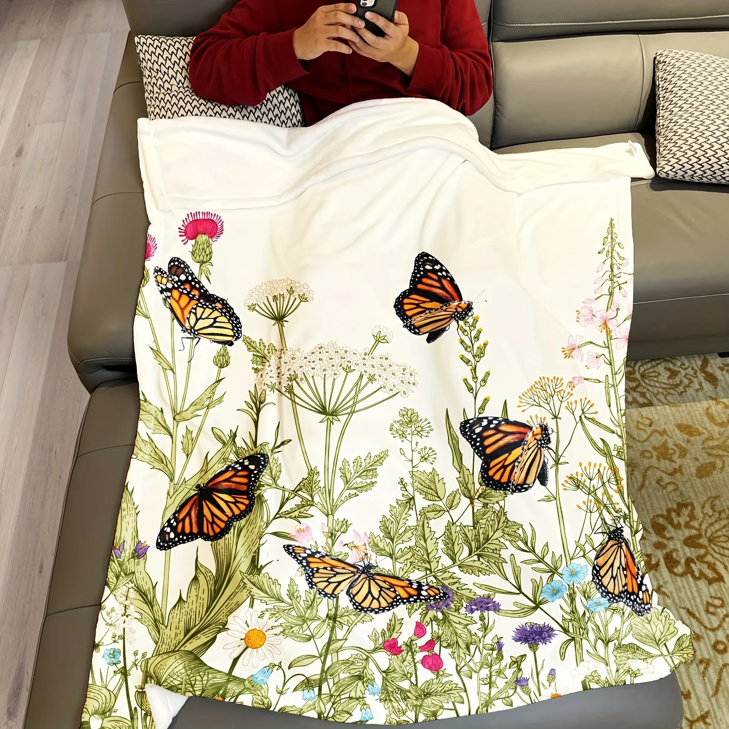 

Floral Butterfly Vintage Herb Garden Throw Blanket - Soft Comfortable Natural Printed Reversible Multipurpose Polyester