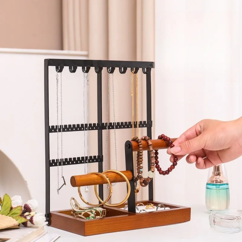 

Wooden Jewelry Display Stand Large Necklace Ring Storage Rack Iron Earring Bracelet Showcase Rack Simple Jewelry Accessory Shelf