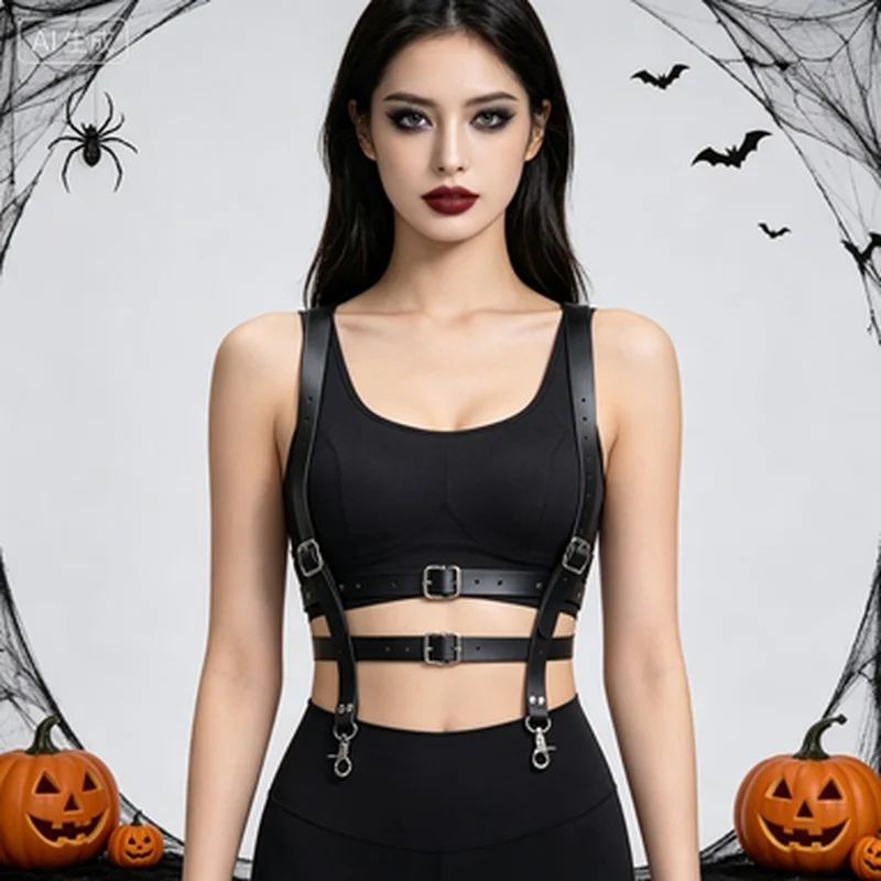 Black PU Camisole Belt, full of personality – durable and adjustable buckle, retro punk style, perfect for Y2K style clothing.