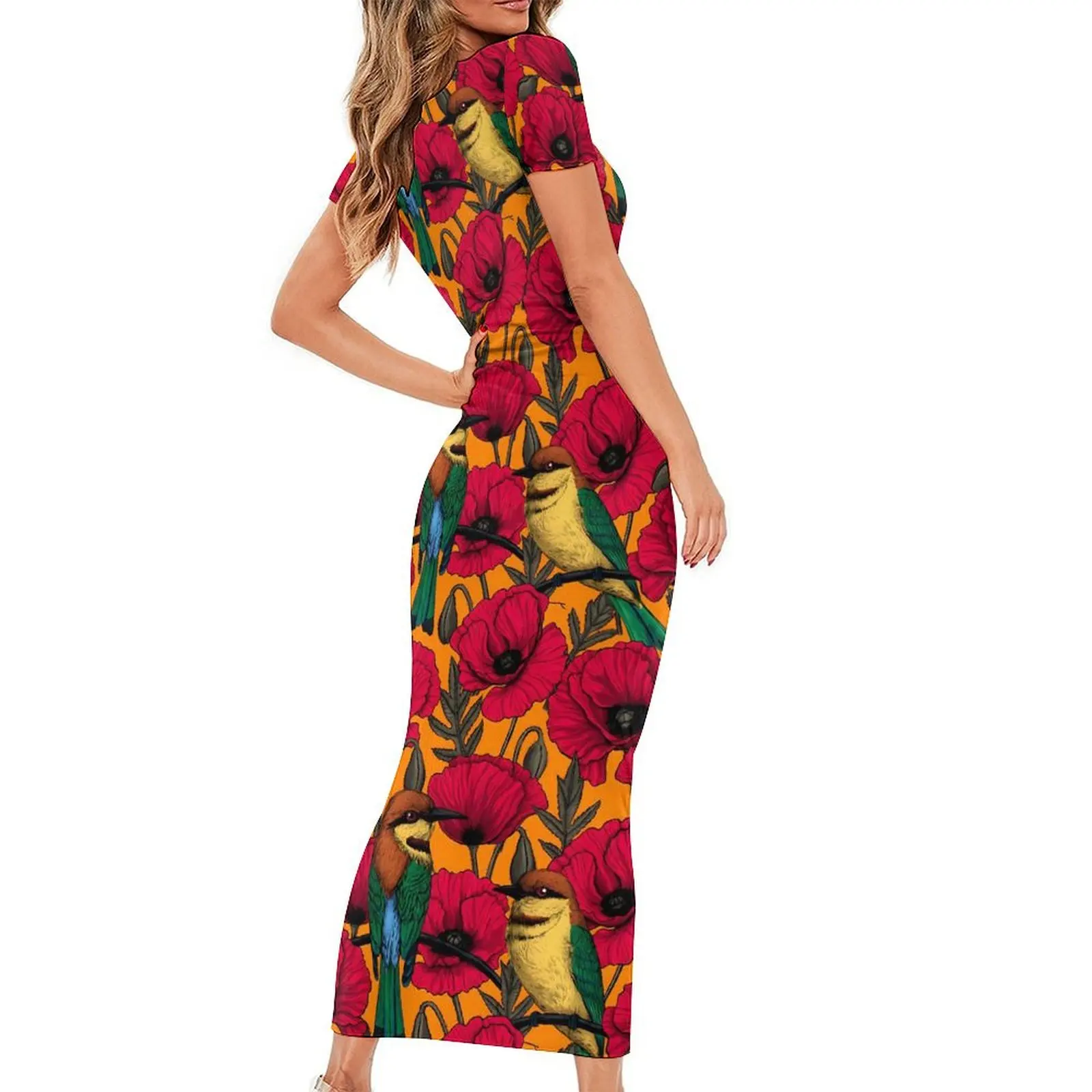 Birds Flower Dress Short Sleeve Bee Eaters And Poppies Kawaii Maxi Dresses Spring Street Wear Graphic Bodycon Dress Big Size 5XL