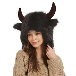 Bison Hat | Plush Earflap Hat with Horns | Fluffy Ear Headwear for Halloween Gift for Men and Women for Animal Cosplay Festival