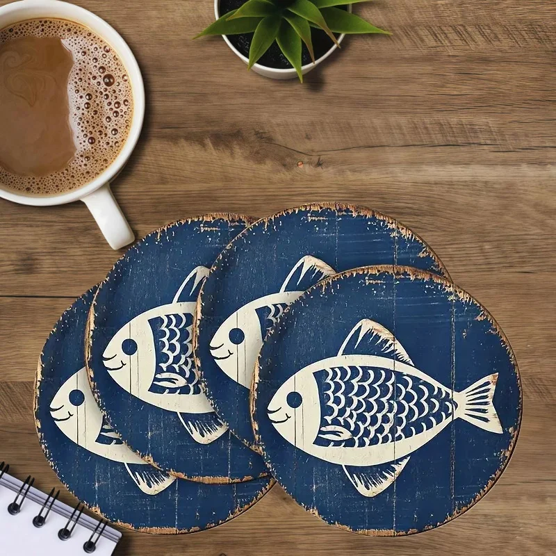 2D 1pcs Round Wooden Ocean Fish-Shaped Coasters Humorous Fish Design Seaside Table Decorations Kitchen Seasonal Items Gifts