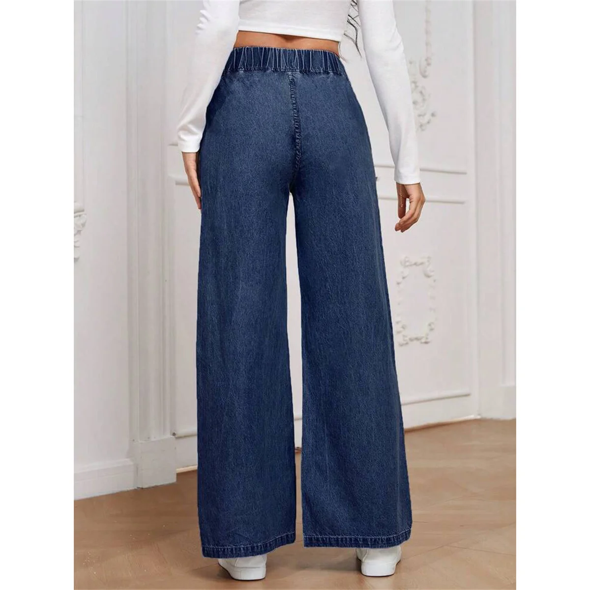 Women Fashion Vintage Denim Jeans High Elastic Waist Solid Pants Female Street Y2K Casual Trousers Lady Autumn Spring Chic Pant