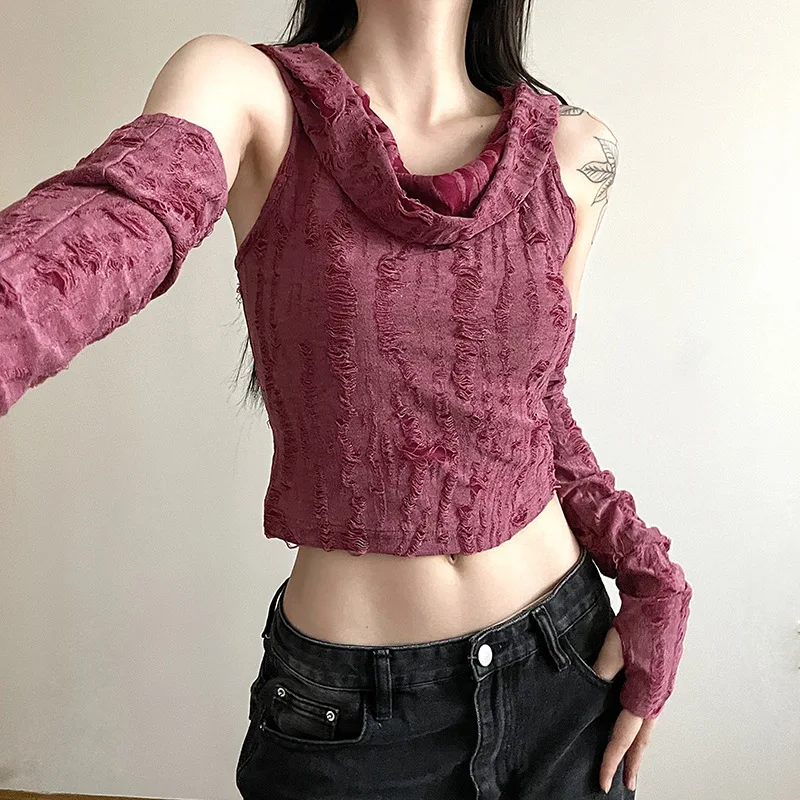 Summer Sexy Hollow Out Short T-Shirt Women's Sleeveless Hooded Tshirt Slimming Dropped Waist Gothic Tee Shirt Matching Gloves