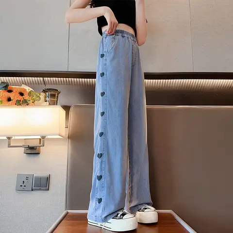 여아용 프린트 하트 모양 텐셀 와이드 레그 청바지, 여름