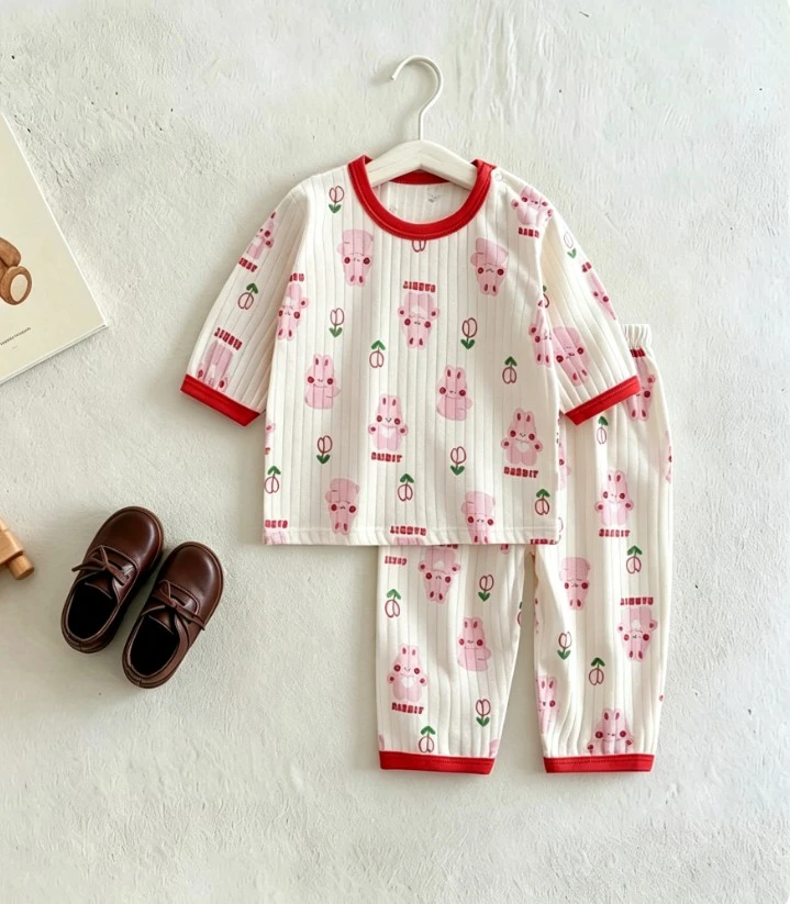 Little Baby Stylish All Over Printed Sleepwear Popular Children Lightweight Knit Autumn Spring Tee And Long Bottoms Suits Tops